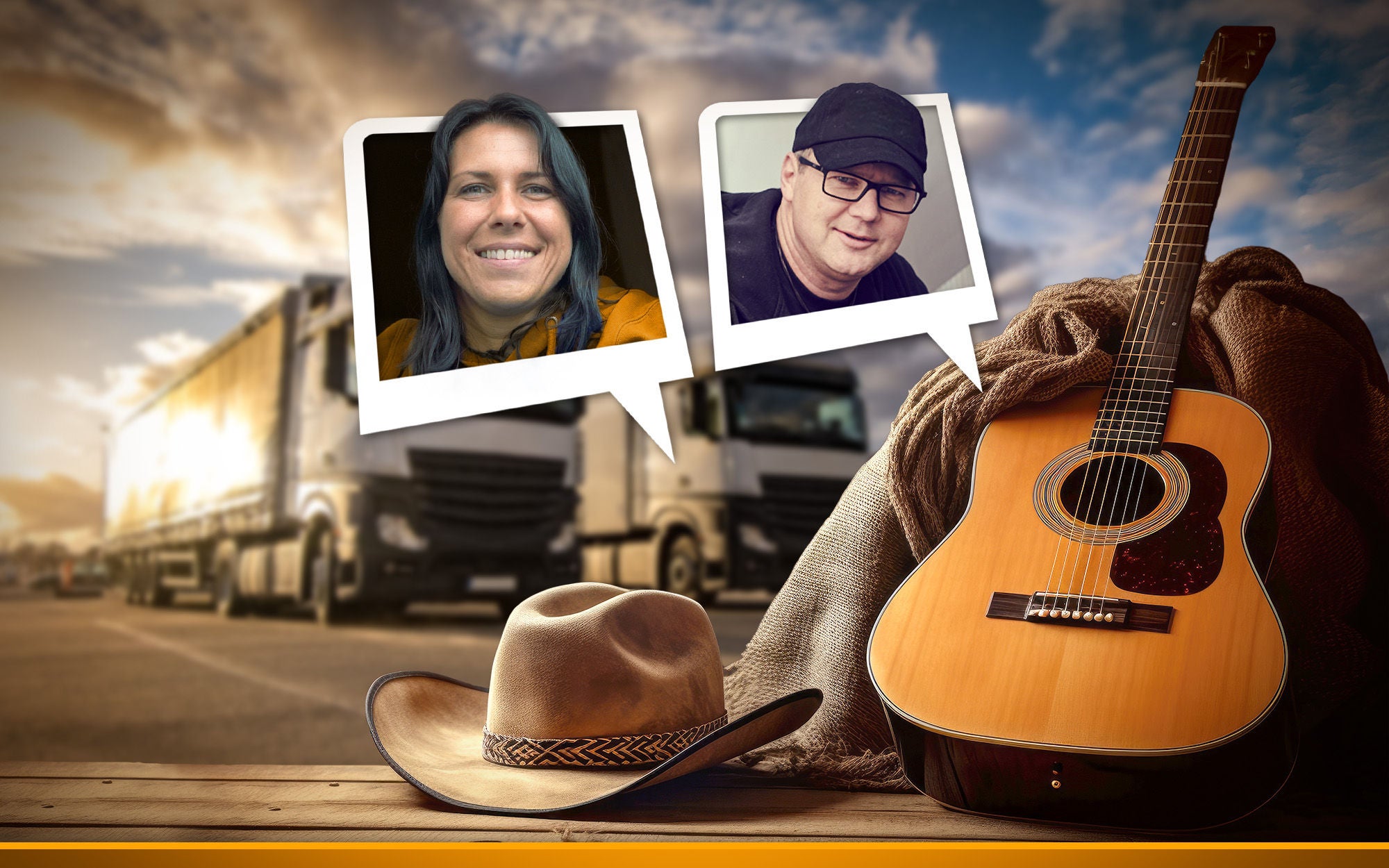 country music, guitar and hat laying on the ground, trucks in background