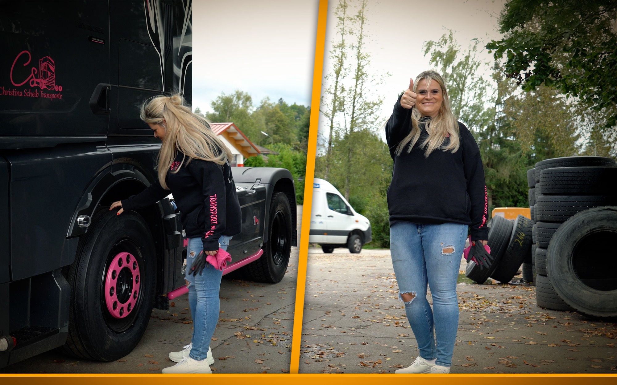 Trucker looking at the tires of her truck