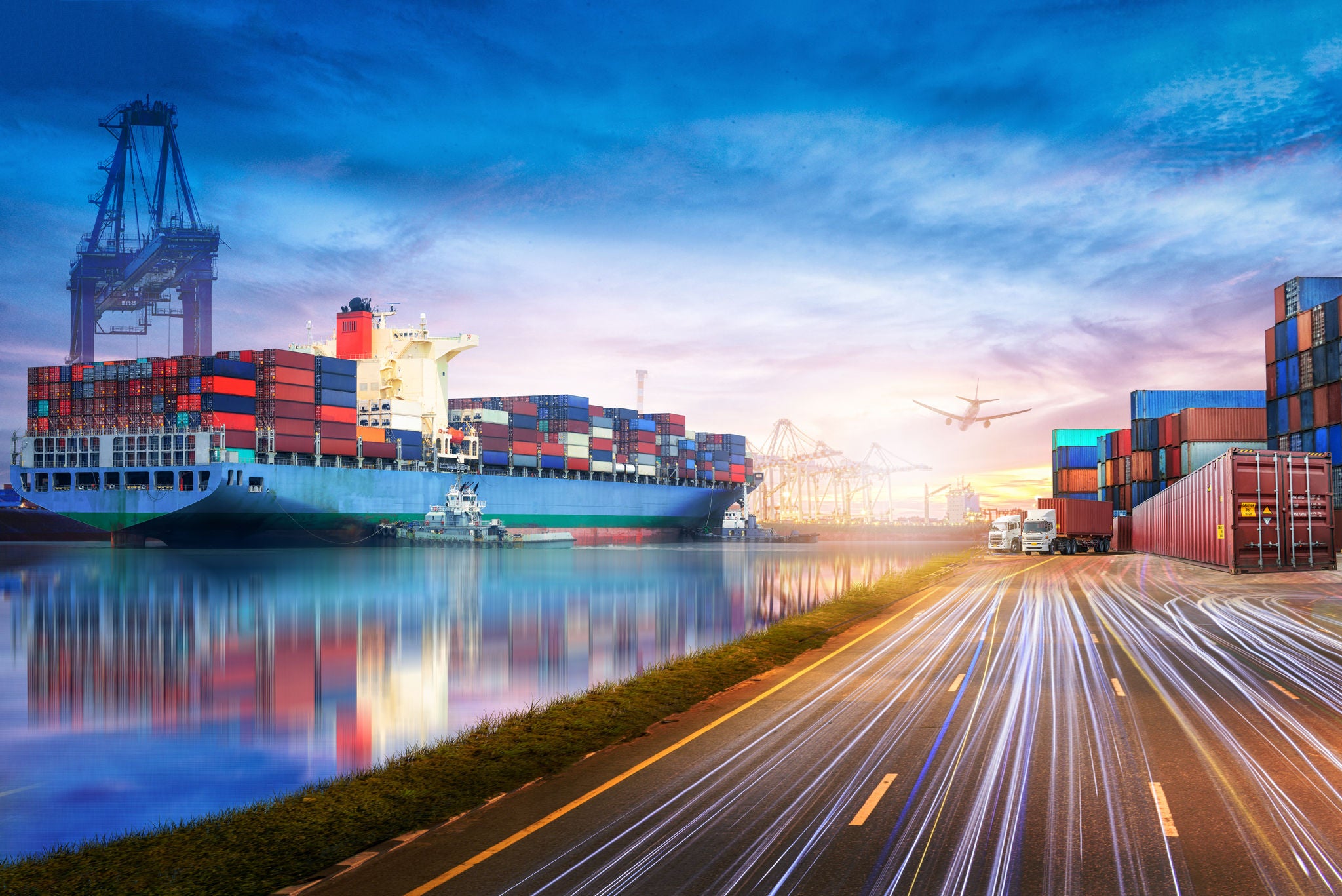 Logistics and transportation of International Container Cargo ship and cargo plane in the ocean at twilight sky, Freight Transportation, Shipping