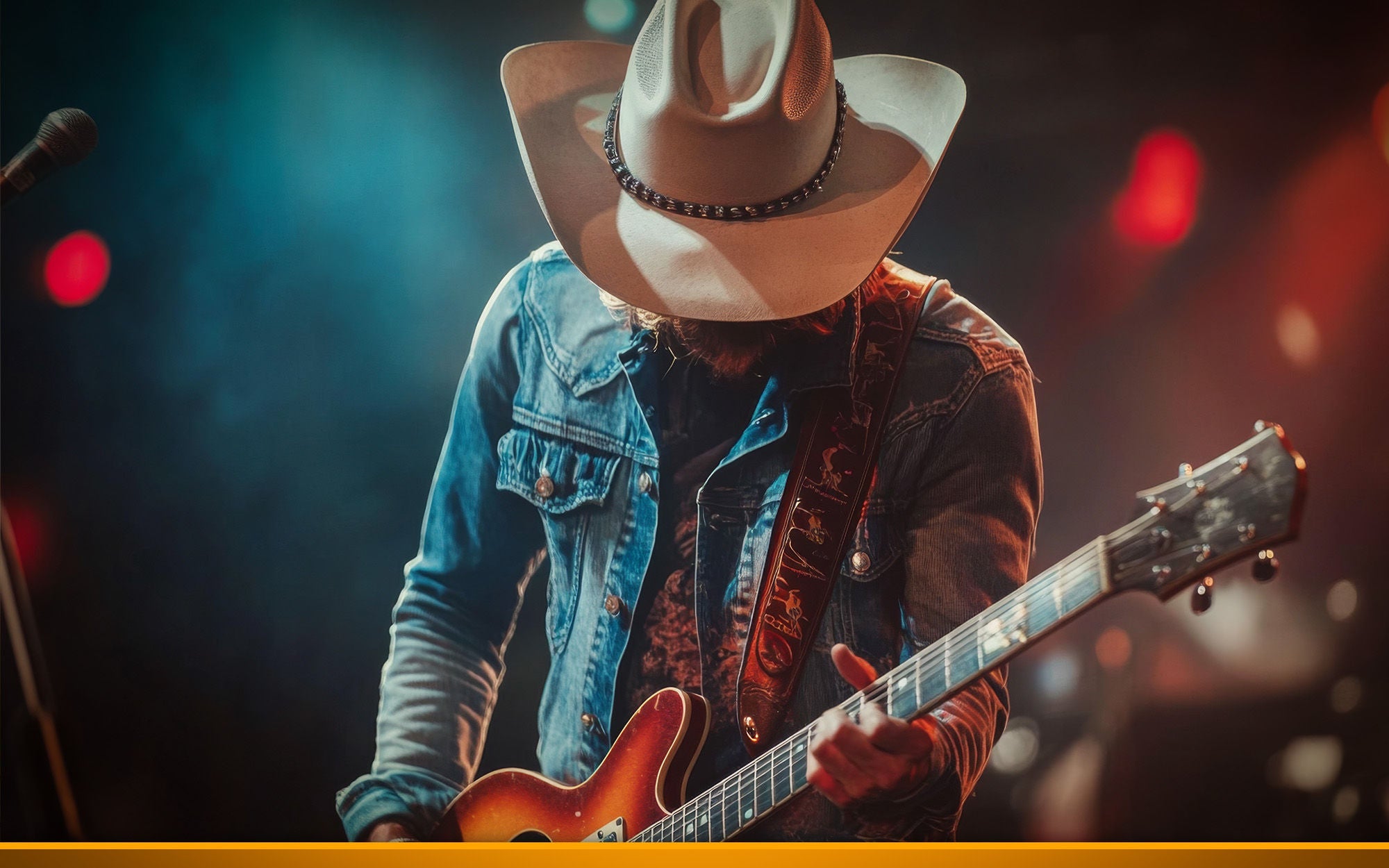 country musicer playing guitar on stage while wearing a hat 