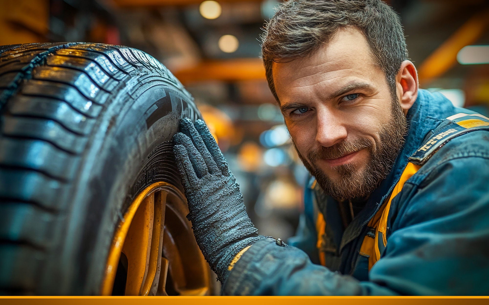 man checks a truck tire