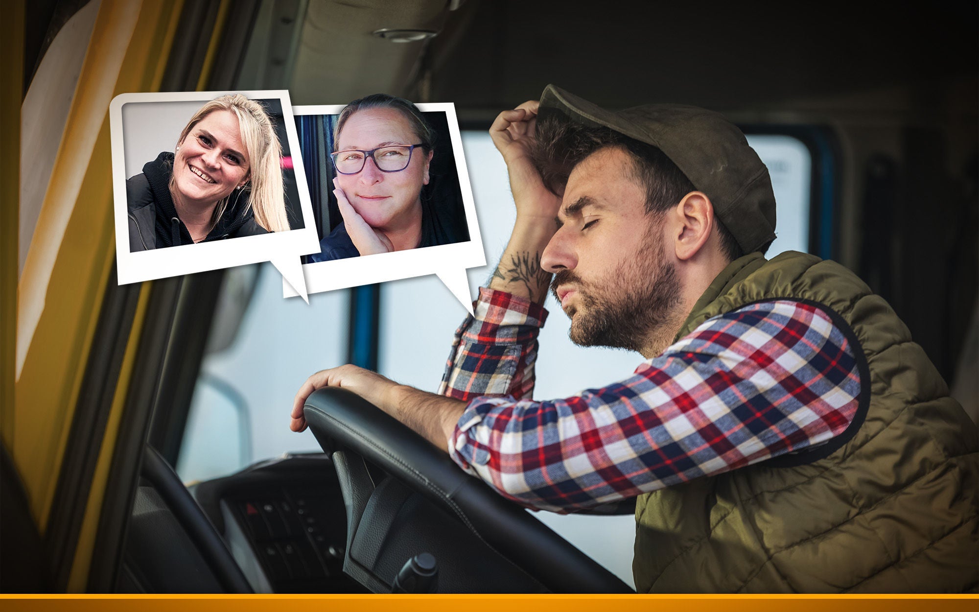 A tired truck driver takes a break from driving and rests in his truck